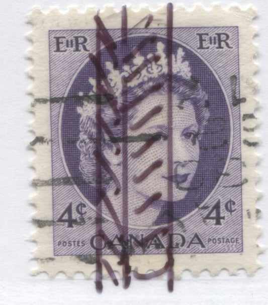 Lot 81 Canada #340pT2 4c Violet Queen Elizabeth II, 1954 Wilding Issue, A Very Fine Used Single With Double Tagging
