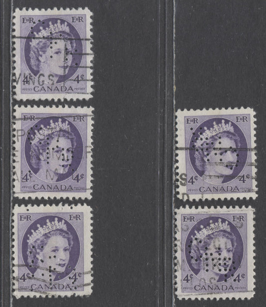 Lot 85 Canada #340p 4c Violet Queen Elizabeth II, 1954 Wilding Issue, 5 Very Fine Used Singles With CPR & CNR Perfins, Tagged 4mm Winnipeg Centre Bars