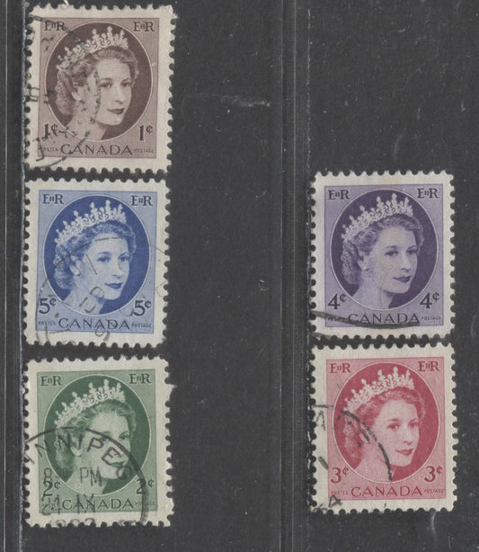 Lot 86 Canada #337p-341p 1c-5c Violet Brown - Bright Blue Queen Elizabeth II, 1954 Wilding Issue, 5 Very Fine Used Singles With Winnipeg Tagging