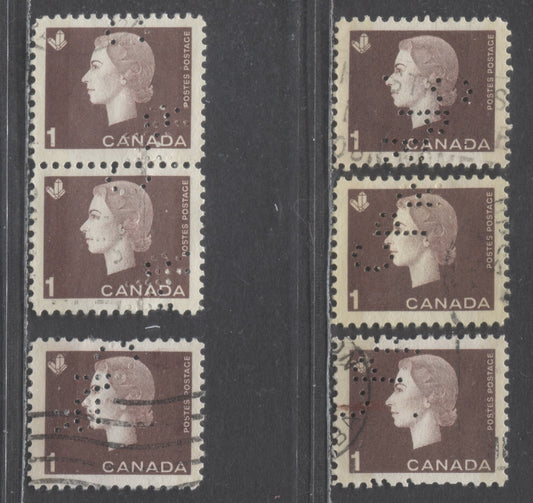 Lot 89 Canada #401p 1c Brown Queen Elizabeth II, 1962-1963 Cameo Issue, 5 Very Fine Used Singles & Pair With CPR & CNR Perfins, Upright & Inverted, Tagged, With & Without Code Hole