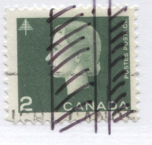 Lot 92 Canada #402p 2c Green Queen Elizabeth II, 1962-1963 Cameo Issue, A Very Fine Used Single With 9mm Center Band, 2mm Gap & Normal Band At Right