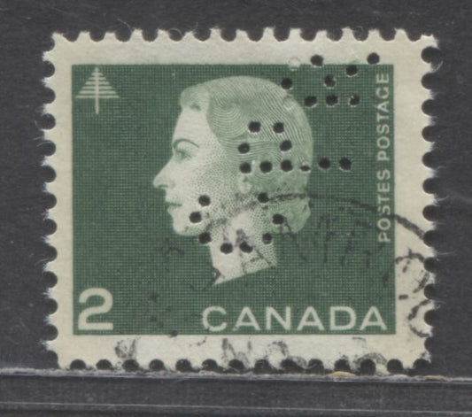 Lot 93 Canada #402p 2c Green Queen Elizabeth II, 1962-1963 Cameo Issue, A Very Fine Used Single With CPR Perfin, No Code Hole, Sideways & Inverted