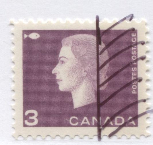 Lot 93A Canada #403pT2 3c Purple Queen Elizabeth II, 1962-1963 Cameo Issue, A Very Fine Used Single With W2aC Tagging, 9mm Band Which Does Not Quite Cover Perfs