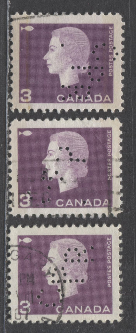 Lot 94 Canada #403p 3c Purple Queen Elizabeth II, 1962-1963 Cameo Issue, 3 Very Fine Used Singles With CPR Perfins, With & Without Code Holes, Tagged With 2 Bars, Sideways & Sideways Inverted