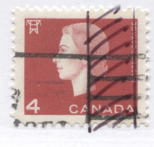 Lot 96 Canada #404pvar 4c Carmine Queen Elizabeth II, 1962-1963 Cameo Issue, A Very Fine Used Single With Unlisted WAC Tagging Error, A Single 9mm Right Band
