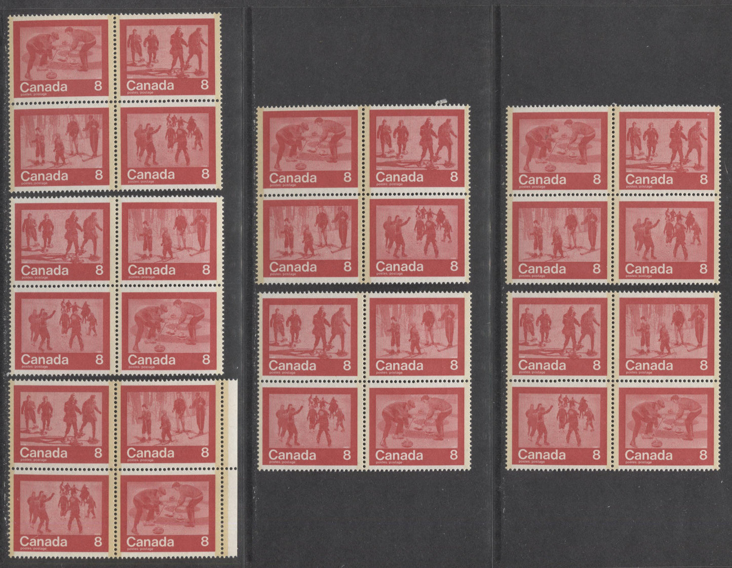Lot 89 Canada #647a 8c Red Snowboarding-Curling, 1974 Keep Fit' Winter Sports Issue, 7 VFNH Se-tenant Blocks Of 4 On Various DF & LF Papers With Dark, Light & Moderate Tagging