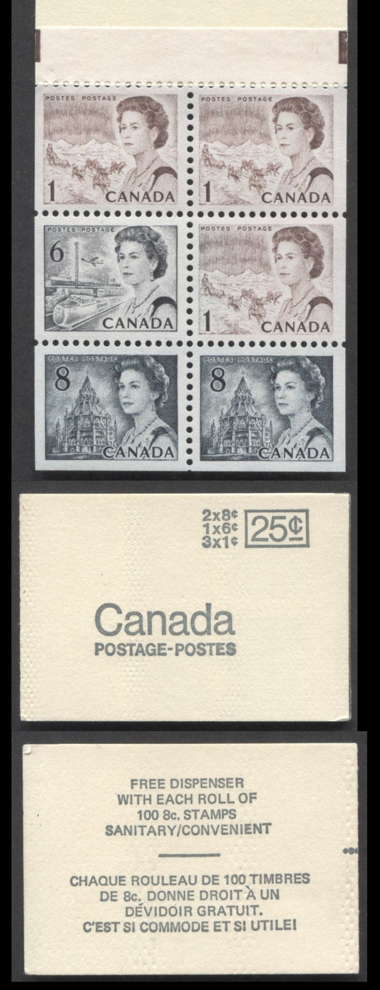 Canada #BK69b (McCann #BK69n) 1967-1973 Centennial Issue, A 25c 1c Brown x3, 6c Black & 8c Slate x2 Booklet, HF Vertical Ribbed Pane, Type 1, OP4 Tagging, 'Free Dispenser' Back Cover With Coarse Printing, Dimpled Cover Stock, Black Sealing Strip