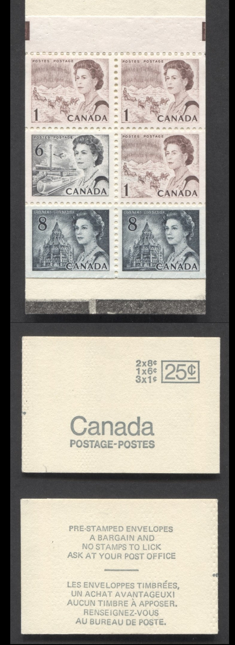 Canada #BK69aii (McCann #69r) 1967-1973 Centennial Issue, A 25c 1c Brown x3, 6c Black & 8c Slate x2 Booklet, MF Vertical Ribbed Pane, Type 2, Black Sealing Strip, 'Pre-Stamped' Back Cover, Fine Printing, Dimpled Card Stock