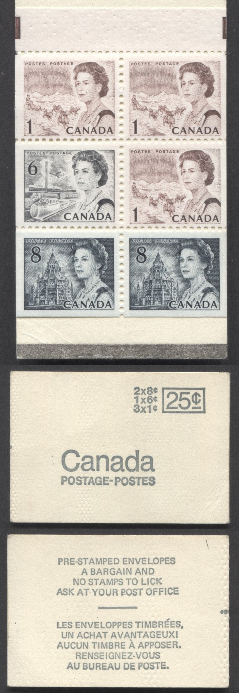 Canada #BK69a (McCann#BK69u) 1967-1973 Centennial Issue, A 25c 1c Brown x3, 6c Black & 8c Slate x2 Booklet, HF9 Vertically Ribbed Pane, Type 2, 'Pre-Stamped' Back Cover, Coarse Printing, Dimpled Card Stock, Black Sealing Strip