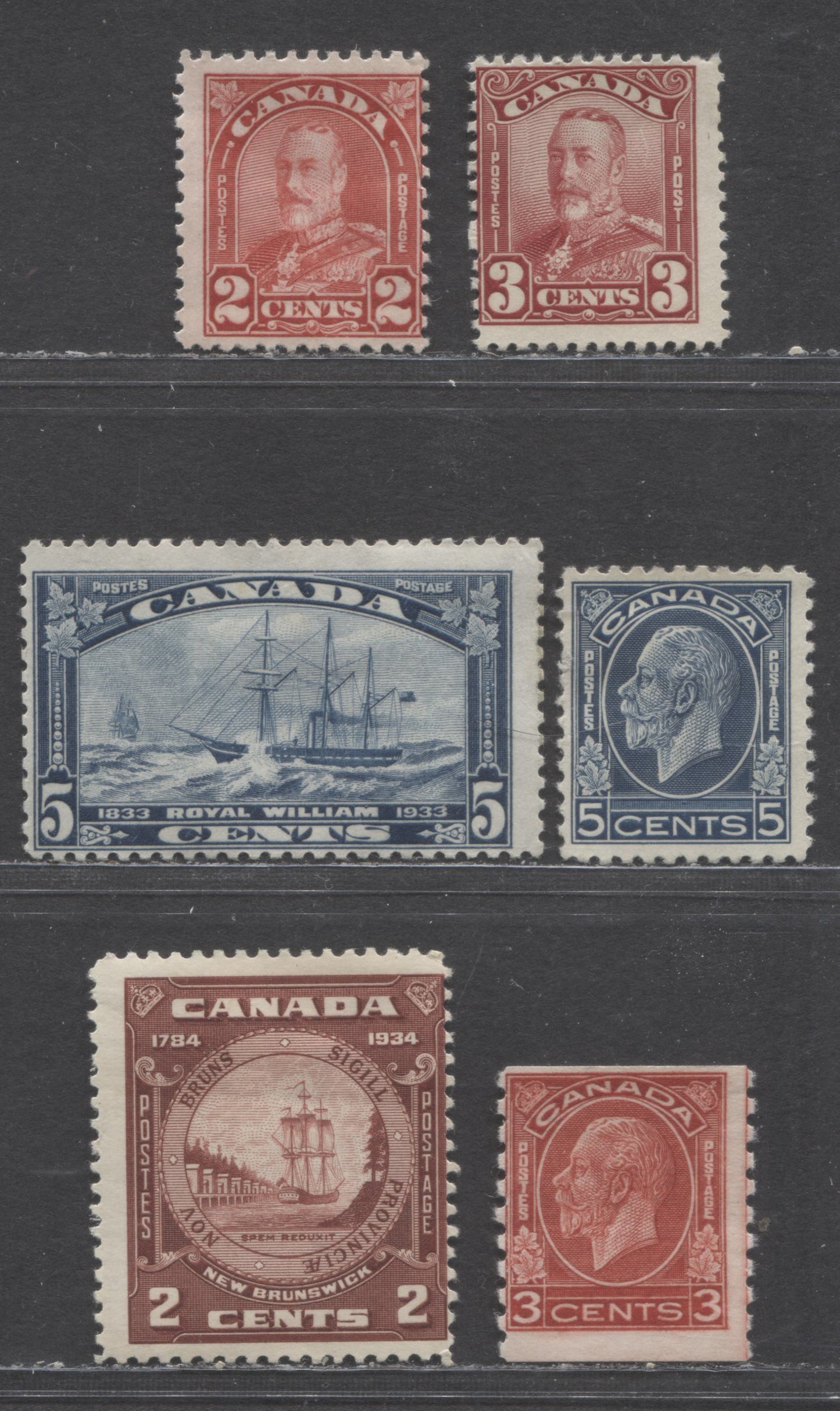 Canada #151, 165, 199, 24, 207, 209 2c-5c Dark Carmine / Red Brown King George V - New Brunswick Seal, 1928-1934 Scroll / New Brunswick Issues, 6 VG/FOG Singles