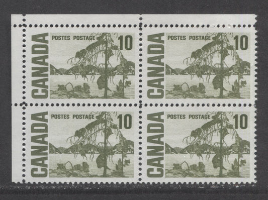 Canada #462iii 10c Yellowish Green Jack Pine, 1967-1973 Centennial High Values, A VFNH UL Field Stock Block Of 4 On Very White HB12 Paper That Shows Vertical Ribbing On Gum, Black Ink Under UV & Spotty White Gum With A Satin Sheen