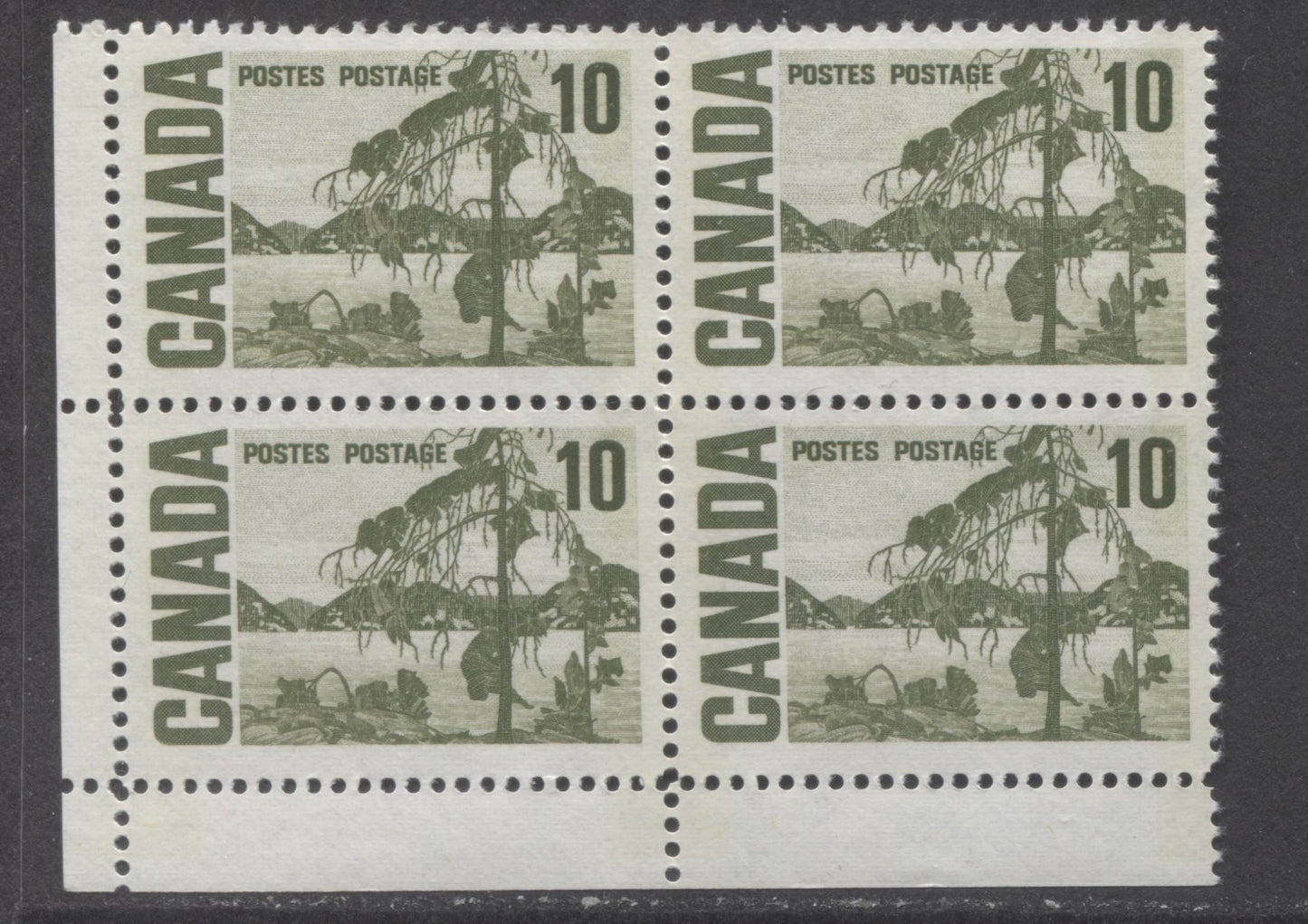 Canada #462piv 10c Bright Yellowish Green Jack Pine, 1967-1973 Centennial High Values, A VFNH LL W2B Tagged Field Stock Block Of 4 On MF7 Bluish White Paper With Ink Appearing Black Under UV, Matte PVA Gum & Near Invisible Tagging