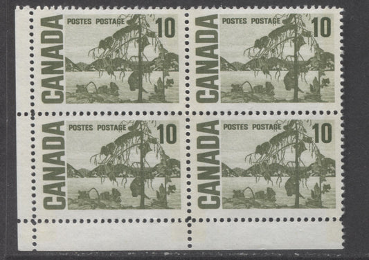 Canada #462piv 10c Bright Yellowish Green Jack Pine, 1967-1973 Centennial High Values, A VFNH LL W2B Tagged Field Stock Block Of 4 On MF7 Bluish White Paper With Ink Appearing Black Under UV, Matte PVA Gum & Near Invisible Tagging