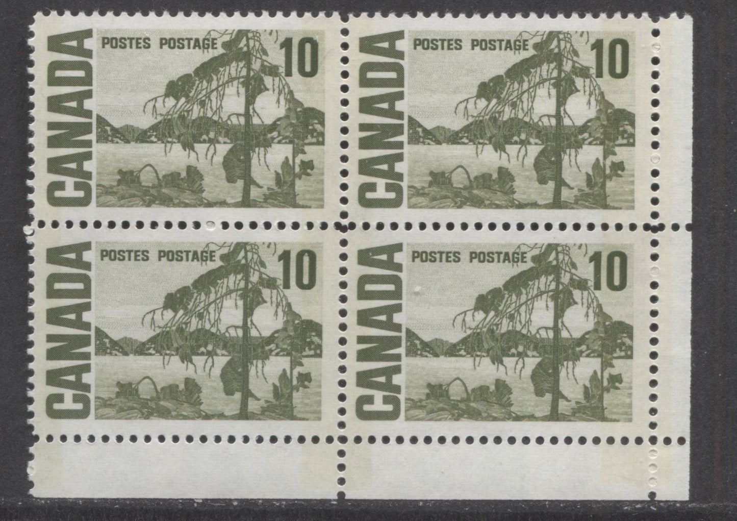 Lot 93 Canada #462piv 10c Bright Yellowish Green Jack Pine, 1967-1973 Centennial High Values, A VFNH LR W2B Tagged Field Stock Block Of 4 On MF7 Bluish White Paper, Ink Appears Black Under UV, Matte PVA Gum & Light Creamy Yellow Tagging