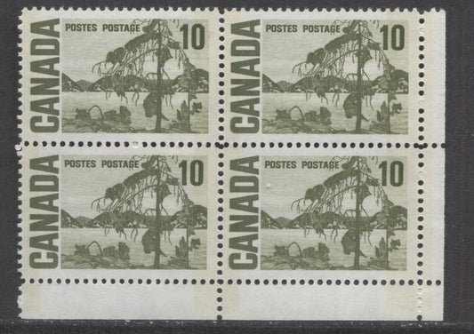 Lot 93 Canada #462piv 10c Bright Yellowish Green Jack Pine, 1967-1973 Centennial High Values, A VFNH LR W2B Tagged Field Stock Block Of 4 On MF7 Bluish White Paper, Ink Appears Black Under UV, Matte PVA Gum & Light Creamy Yellow Tagging