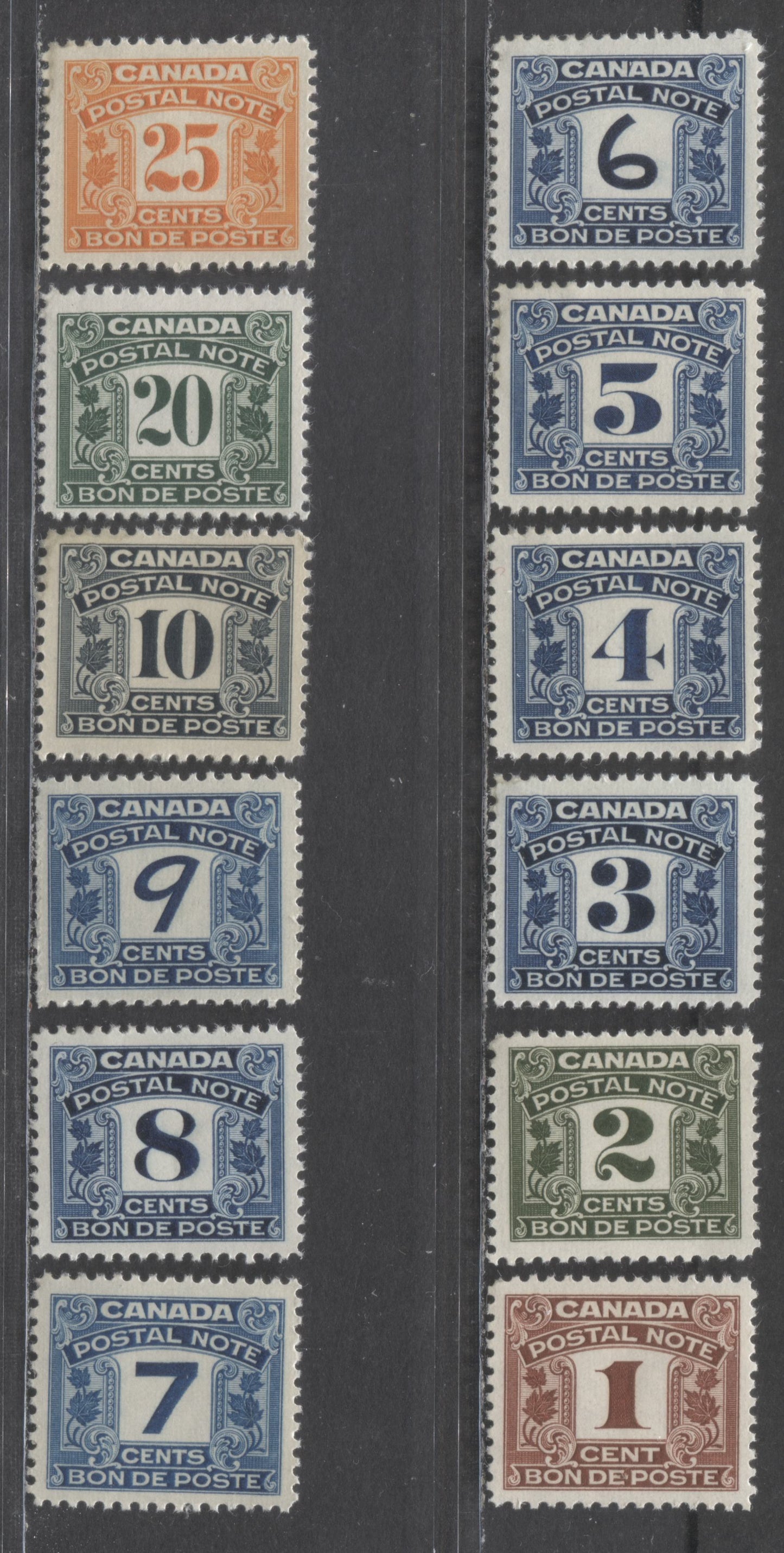 Lot 4 Canada #FPS14/52 1c/25c Brown/Orange , 1935-1948 First Postal Scrip Issue, 12 F/VFNH Singles, Many With Small Gum Disturbances