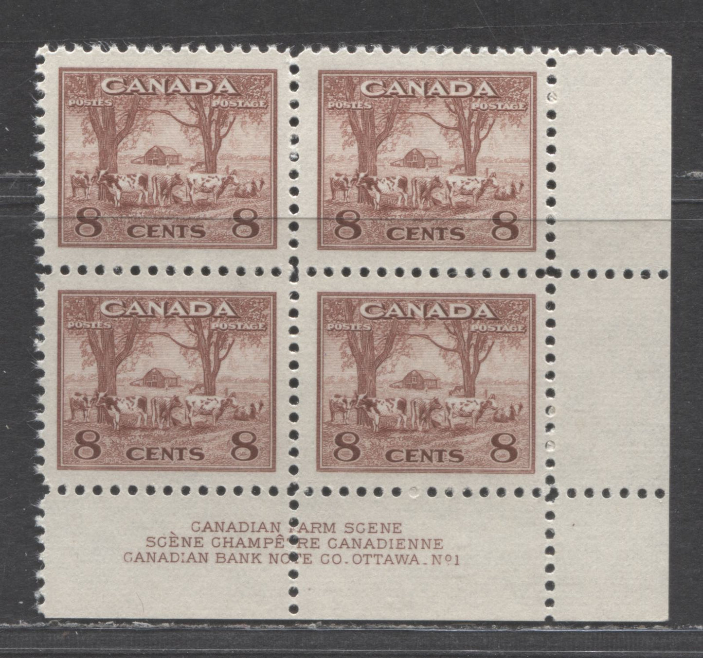 Lot 86 Canada #256 8c Red Brown Farm Scene, 1942-1943 War Issue, A VFNH LR Plate 1 Block Of 4 On Vertical Wove Paper With Clear Mesh & Mottled Deep Yellowish Cream Gum