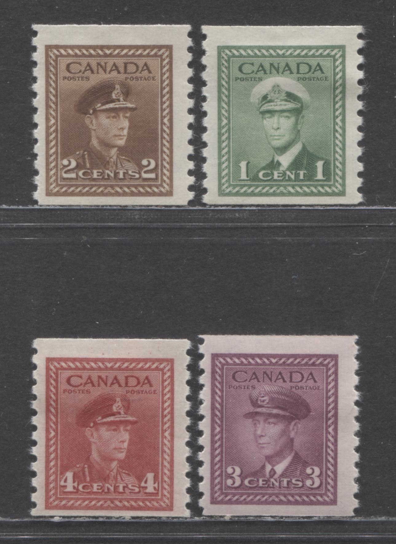 Lot 300B Canada #278-281 1c-4c Green-Dark Carmine King George VI, 1948 War Coil Issue, 4 FOG Coil Singles On Crisp Horizontal Wove With Cream Gum