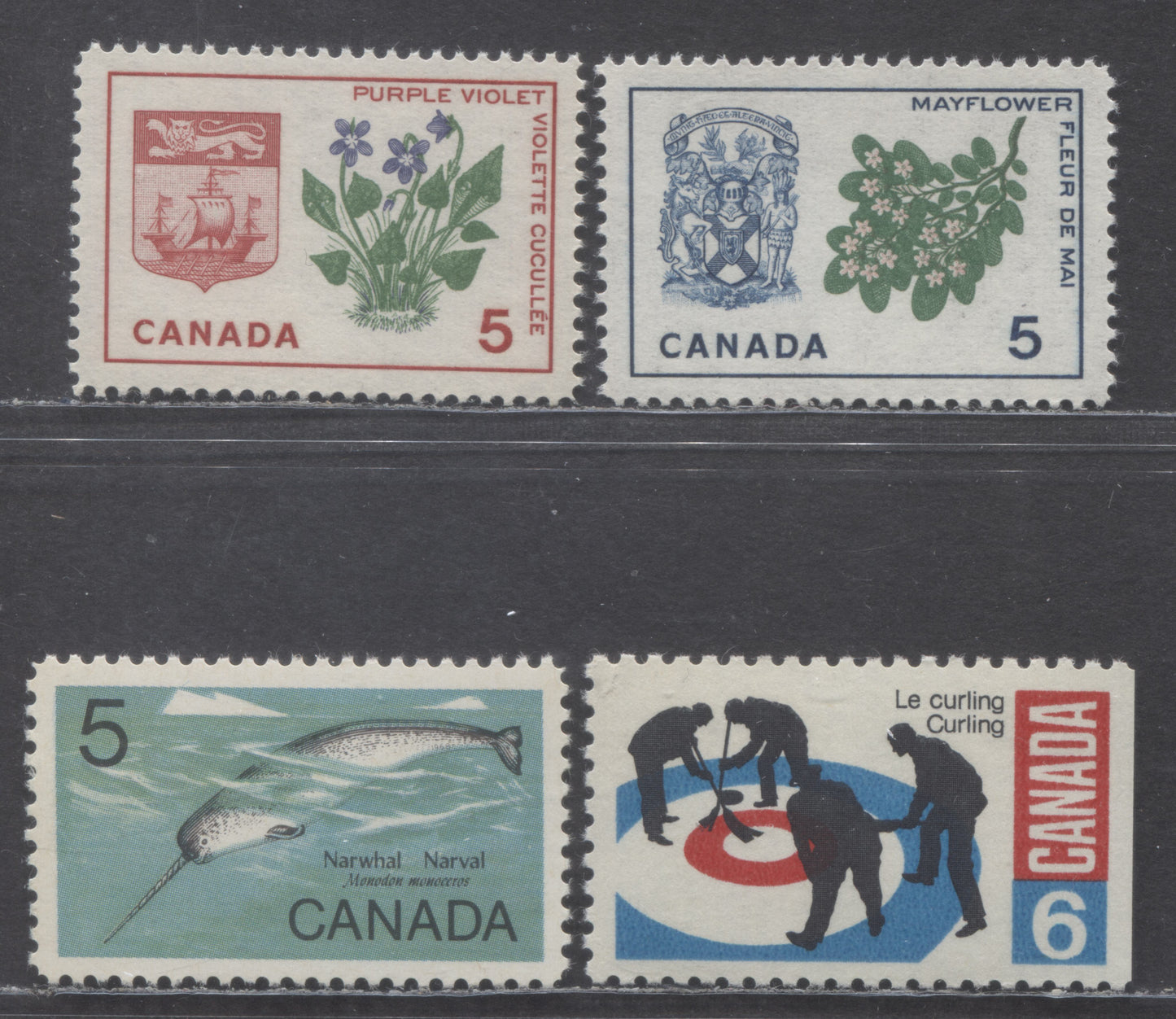 Canada #420i-421i, 480i, 490i 5c & 6c Multicolored Nova Scotia - Curlers On Rink, 1964-1969 Commemorative Issues, 4 VFNH Singles on Better Fluorescent and Dull Papers