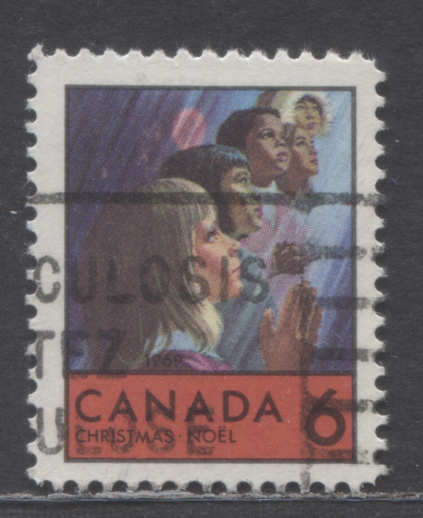 Lot 52 Canada #503var 6c Red & Multicolored Children Praying, 1969 Christmas Issue, A Very Fine Used Single Showing a Large Pink Blob, Resulting From a Repellex Error