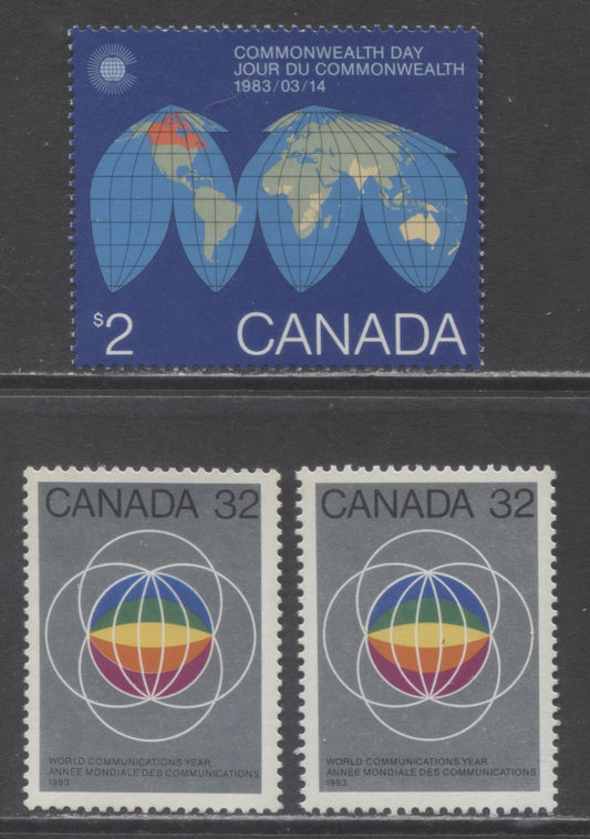 Lot 58 Canada #976 & 977i 32c & $2 Multicolored Globes & Map Of The Earth, 1983 U.N World Communications Year & Commonwealth Day Issues, 3 VFNH Singles On NF,DF & LF Papers