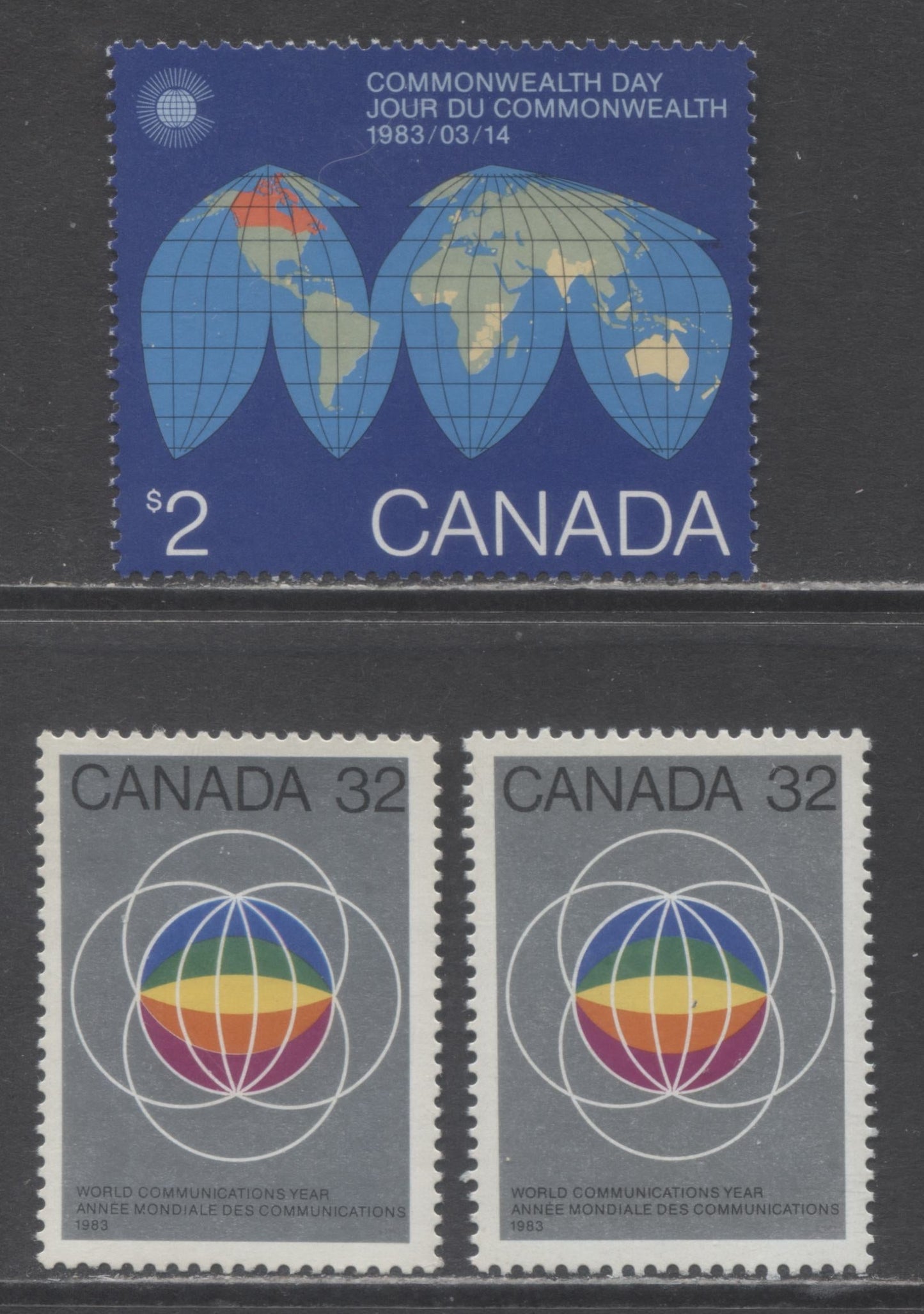 Canada #976 & 977i 32c & $2 Multicolored Globes & Map Of The Earth, 1983 U.N World Communications Year & Commonwealth Day Issues, 3 VFNH Singles On NF,DF & LF Papers