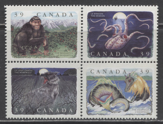 Lot 60 Canada #1292d 39c Multicolored Sasquatch - Ogopogo, 1990 Canadian Folklore, A VFNH Block Of 4 On DF/LF Peterborough Paper, Perf 12.5 x 12, The Scarcer Perf, as Most Blocks Are Perf. 12.5 x 13.3