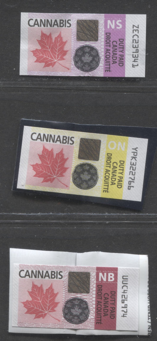 Lot 85 Canada, Multicolored Maple Leaf,  Ontario, N.S & N.B Cannabis, 3 Fine to Very Fine Used Stamps With A Small Tear In The Off-Package Nova Scotia Stamp, Unlisted In Van Dam