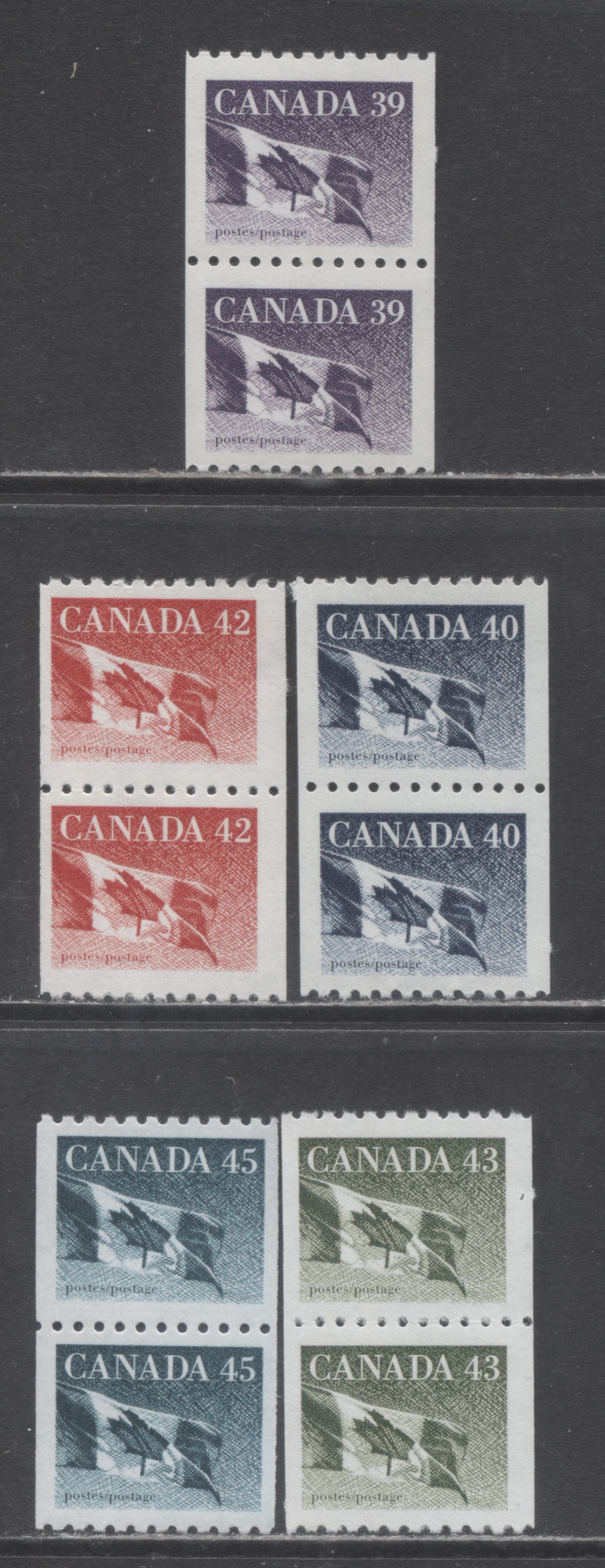 Lot 63 Canada #1194B-C, 1394-1396ii 39c-45c Multicolored Flags, 1988-1 ...