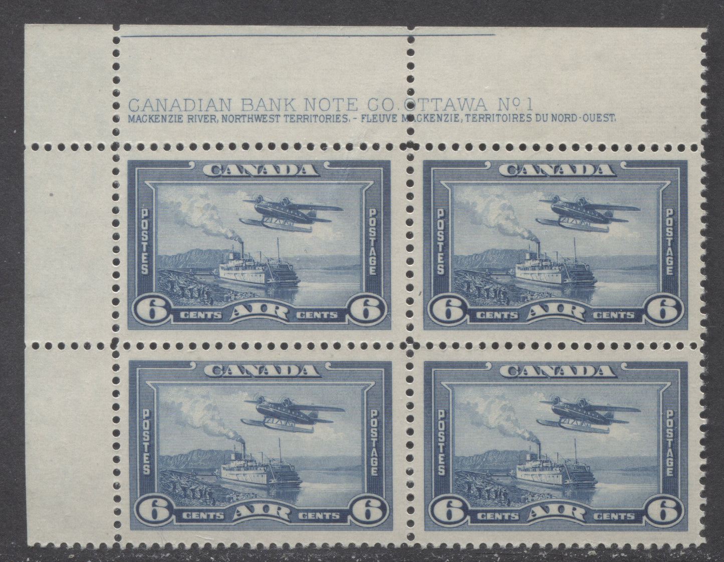 Lot 65 Canada #C6 6c Deep Blue Monoplane Over Mackenzie River, 1938 Air Mail Issue, A VFNH UL Plate 1 Block Of 4 On Soft Vertical Wove Paper With Clear Mesh & Light Cream Gum, Minor Re-entry To Left Of Postage On LR