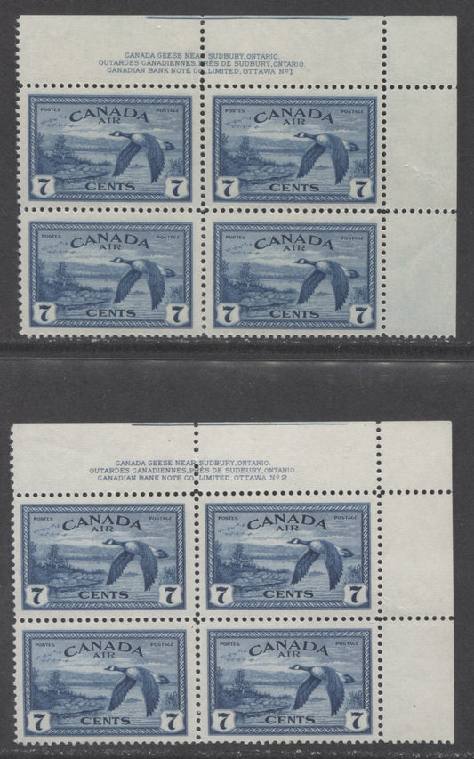 Lot 67 Canada #C9 7c Deep Blue Canada Geese, 1946 Air Mail War Issue, 2 VFNH UR Plates 1 & 2 Blocks Of 4 On Horizontal Ribbed Paper & Cream Gum