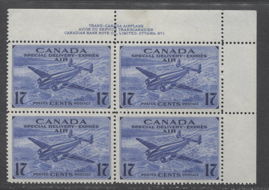 Lot 68 Canada #CE2 17c Bright Ultramarine Trans-Canada Airplane, 1942-1943 Air Mail Special Delivery Issue, A VFNH UR Plate 1 Block Of 4 With Cream Gum, Lightly Hinged In Selvedge