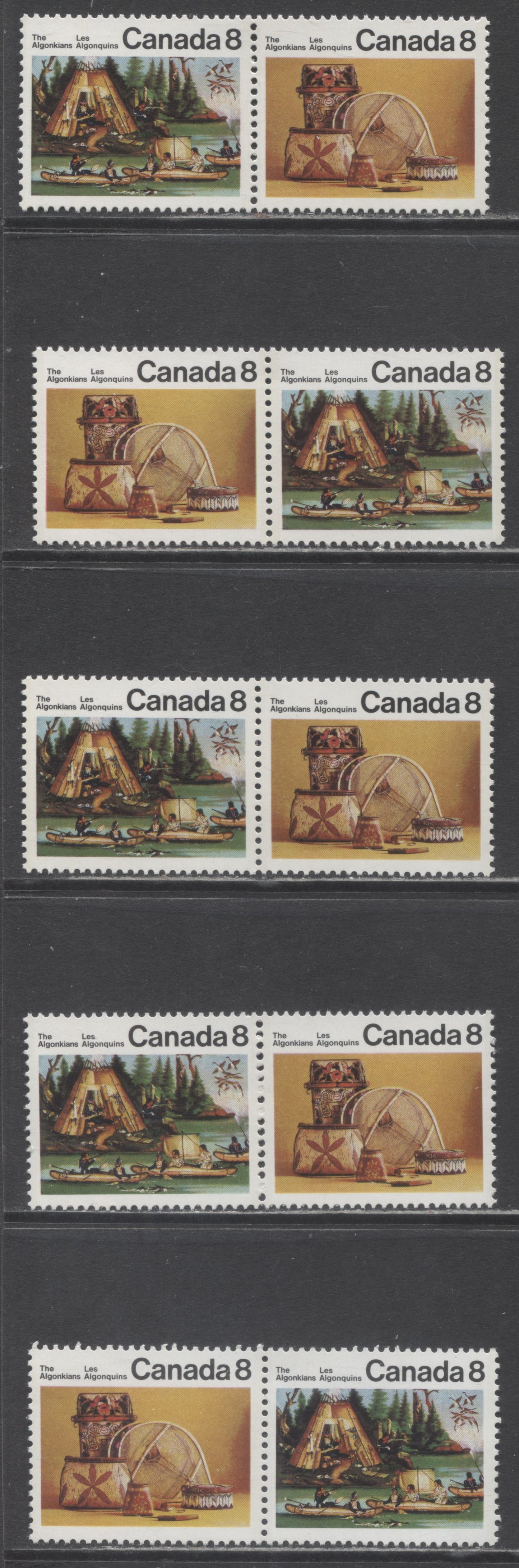 Canada #566ai,aii 8c Multicolored Algonkian Artifacts - Micmac Indians, 1973 Algonkian Indian Issue, 5 VFNH Horizontal Pairs On F/HB, HF/HF & HB/HB Papers