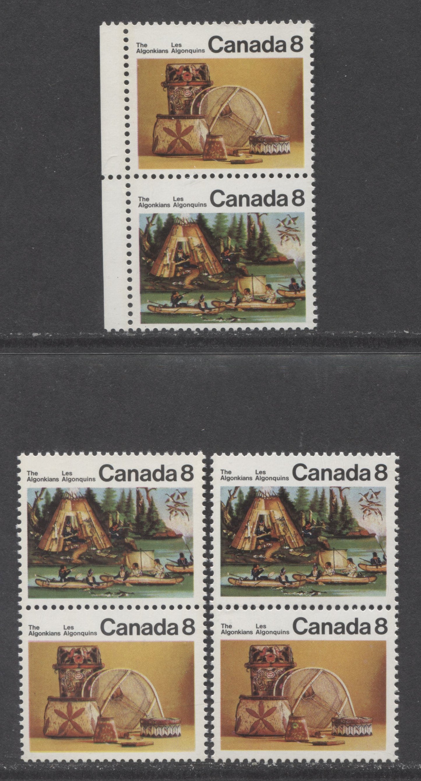 Canada #566ai,aii 8c Multicolored Algonkian Artifacts - Micmac Indians, 1973 Algonkian Indian Issue, 3 VFNH Vertical Pairs With Large & Normal Perforatuon Holes On F/HB & HB/HB Papers