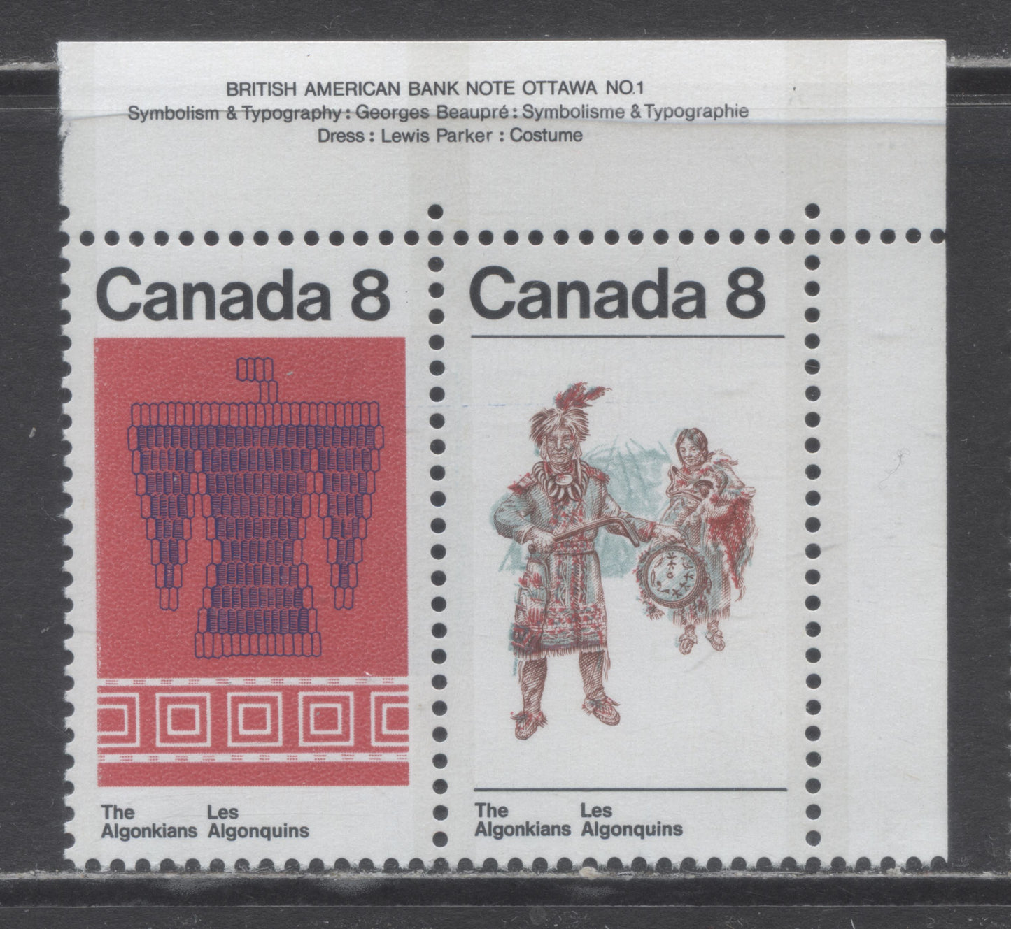 Lot 81 Canada #569avar 8c Multicolored Algonkian Couple, 1973 Algonkian Indian Issue, A VFNH Horizontal Pairs On LF/LF Vertical Ribbed Paper, Horizontal Blue Scratch Above Man's Head & Dot Above Right Foot