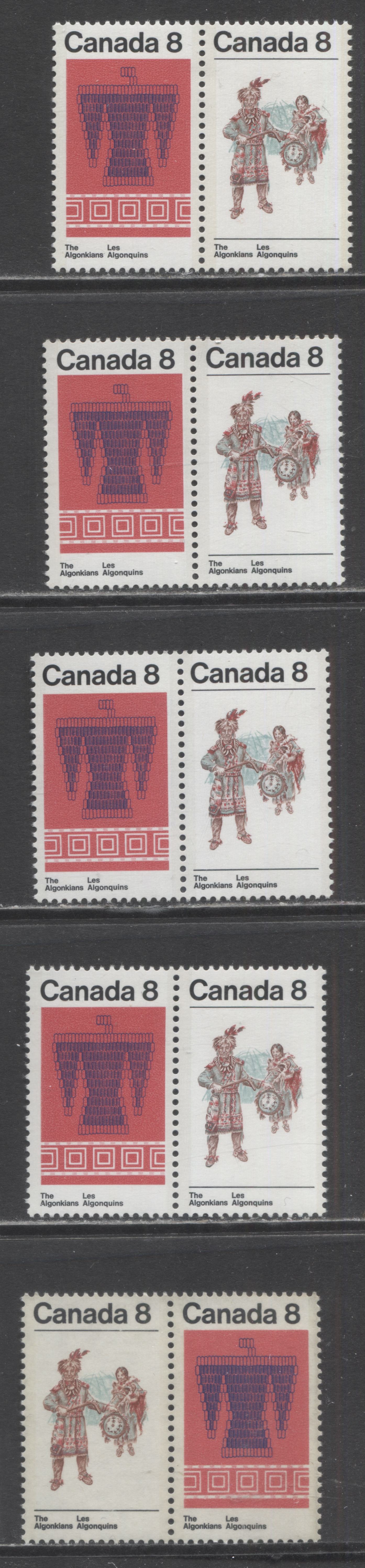 Lot 88 Canada #569a,ai 8c Multicolored Thunderbird & Belt And Algonkian Couple, 1973 Algonkian Indian Issue, 5 VFNH Horizontal Pairs On Different Papers, Including Transparant HB