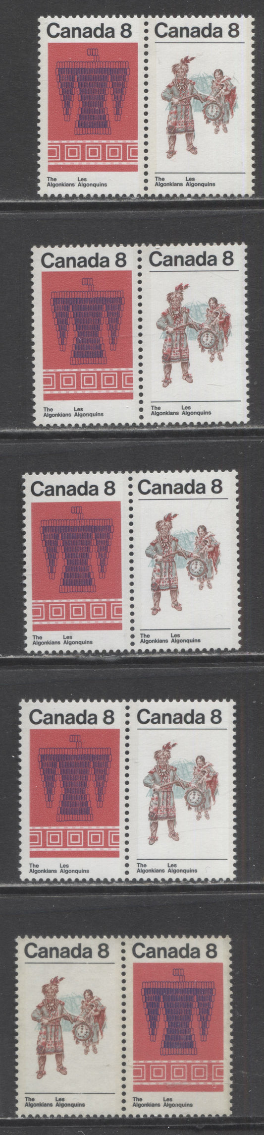 Lot 82 Canada #569a,ai 8c Multicolored Thunderbird & Belt And Algonkian Couple, 1973 Algonkian Indian Issue, 5 VFNH Horizontal Pairs On Different Papers, Including Transparant HB