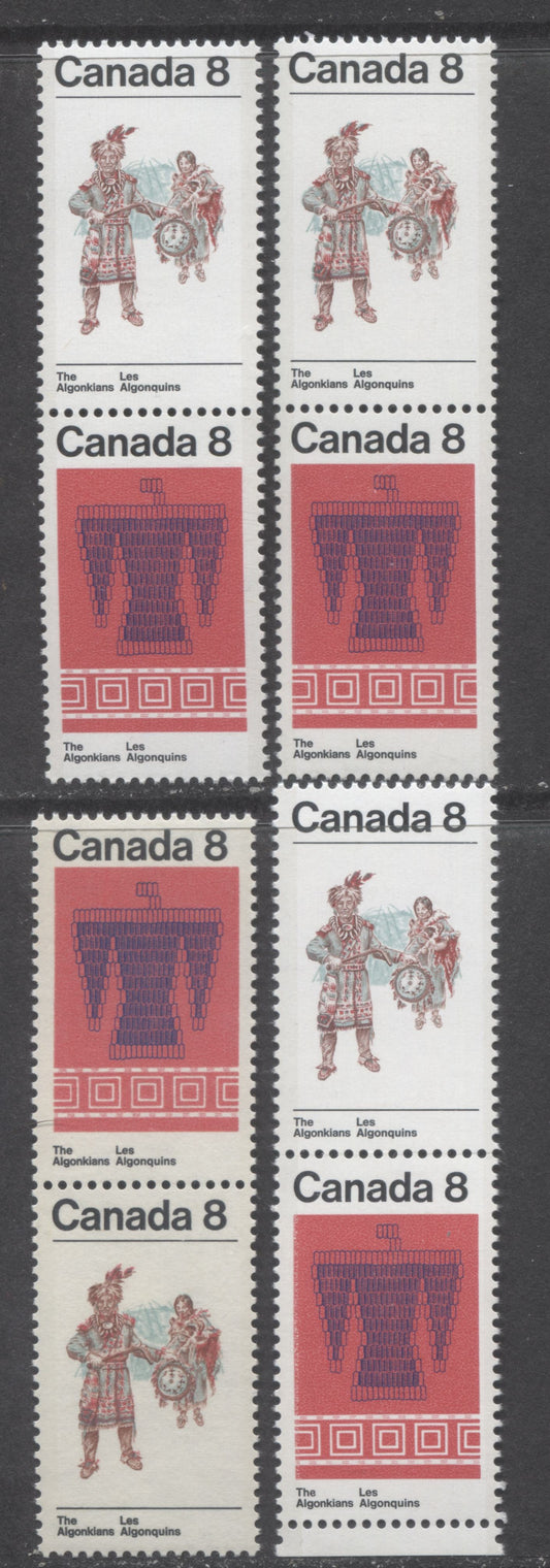 Canada #569a,ai 8c Multicolored Thunderbird & Belt And Algonkian Couple, 1973 Algonkian Indian Issue, 4 VFNH Vertical Pairs On Different Papers, Including Transparant HB