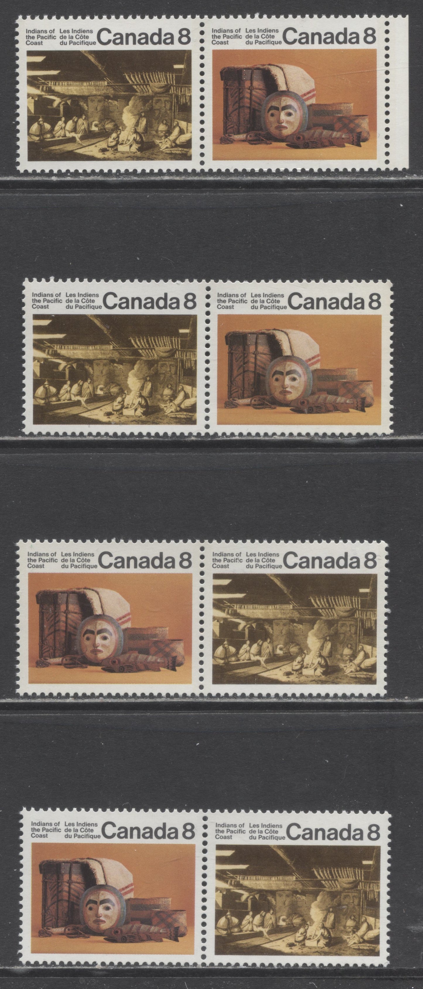 Canada #571a,ai 8c Multicolored Inside Of A Nootka & Pacific Coast Artifacts, 1974 Indians Issue, 4 VFNH Horizontal Pairs On F/MF6, DF/MF6, F/MF5 & MF/HF Papers