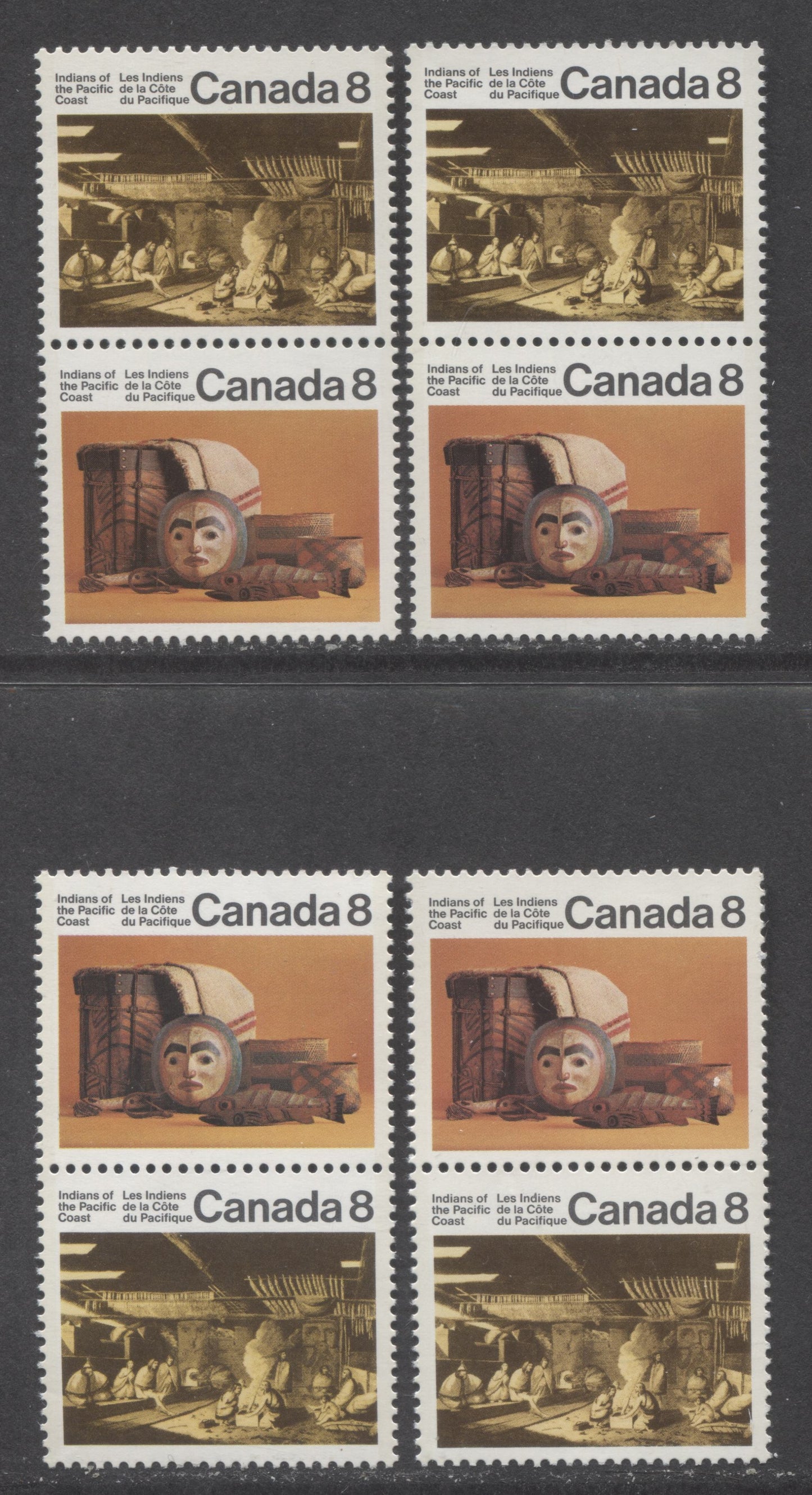 Canada #571a,ai 8c Multicolored Inside Of A Nootka & Pacific Coast Artifacts, 1974 Indians Issue, 4 VFNH Vertical Pair On F/MF6, DF/MF6, F/MF5 & MF/HF Papers
