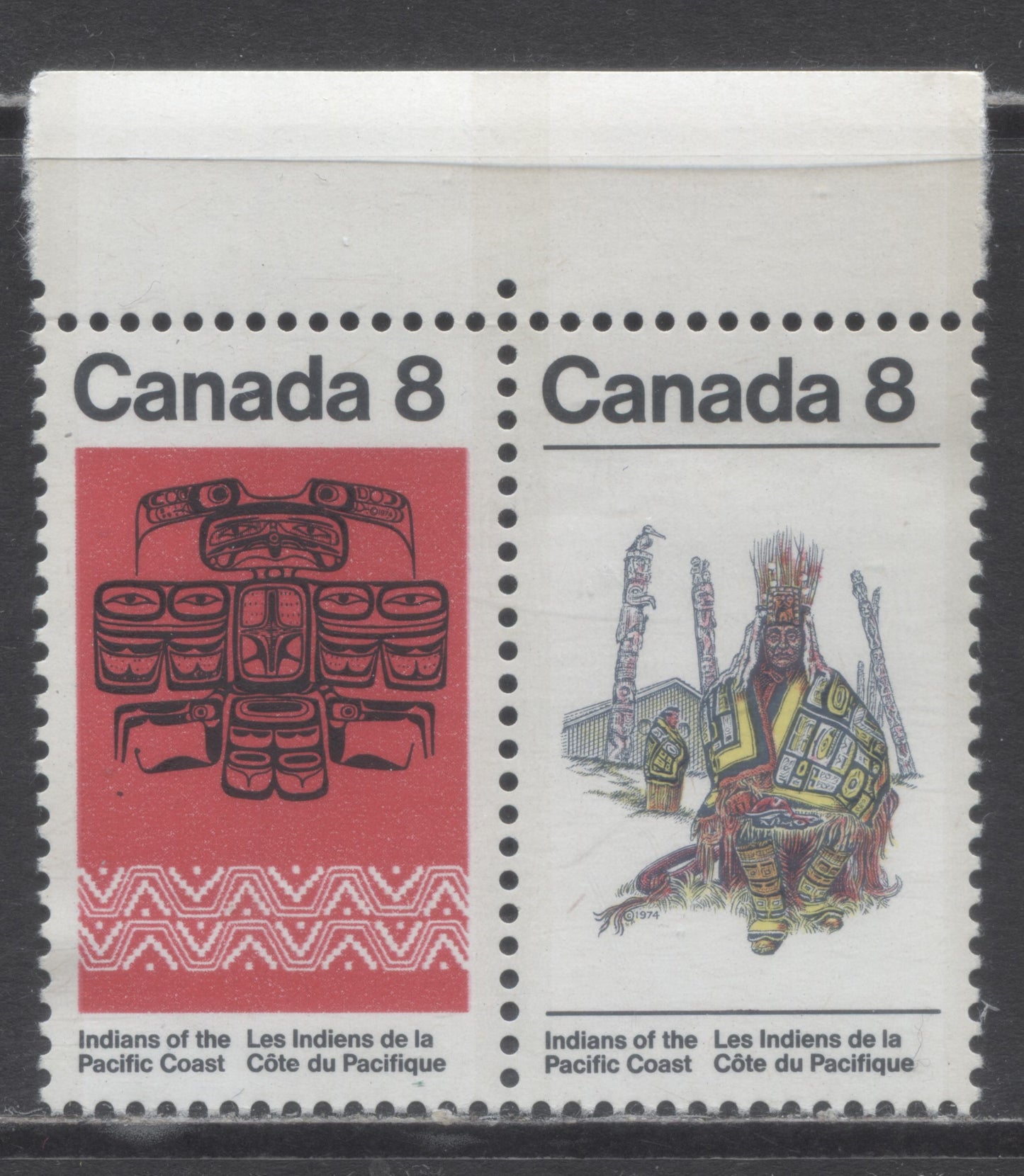 Lot 90 Canada #573avar 8c Multicolored Inside Of A Nootka & Pacific Coast Artifacts, 1974 Indians Issue, A VFNH Horizontal Pair On DF/DF-fl Paper With Black Dot At LL Of Thunderbird, Unknown Pos. But Between 3-8