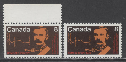 Lot 94 Canada #612var 8c Multicolored Commissioner G.A French & Map, 1973 RCMP Centenary, 2 VFNH Singles On HF/HF Paper With Orange Over Black Variety & Normal For Comparison