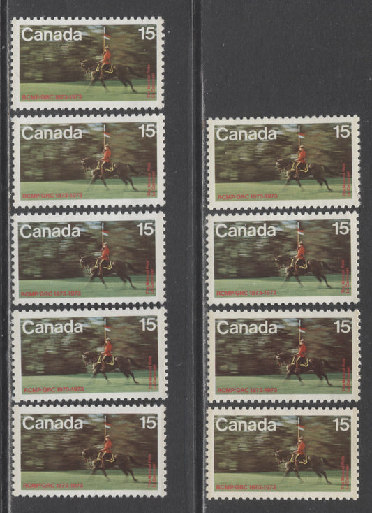 Lot 96 Canada #614 15c Multicolored RCMP Musical Ride, 1973 RCMP Centenary, 9 VFNH Singles With Various Paper Types & Two Different Shades