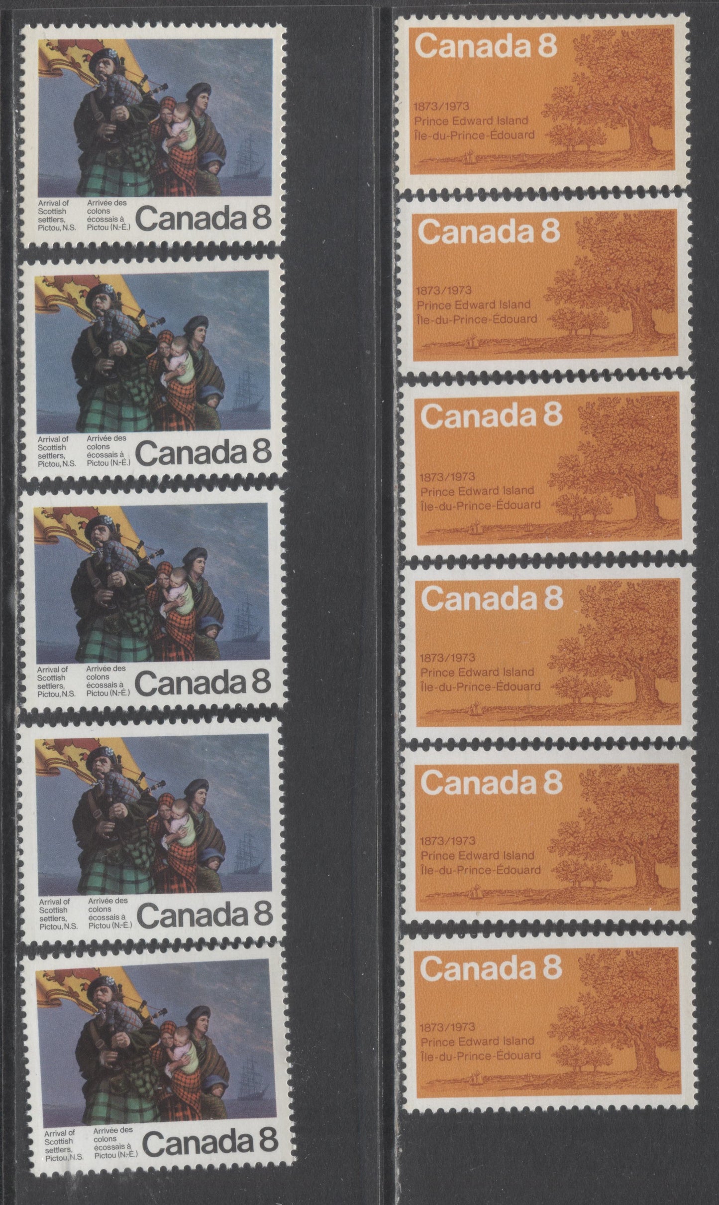 Lot 99 Canada #618-619 8c Multicolored Oak Tree & Scottish Settlers, 1973 PEI Centennial & Scottish Settler Issues, 11 VFNH Singles On Various Papers