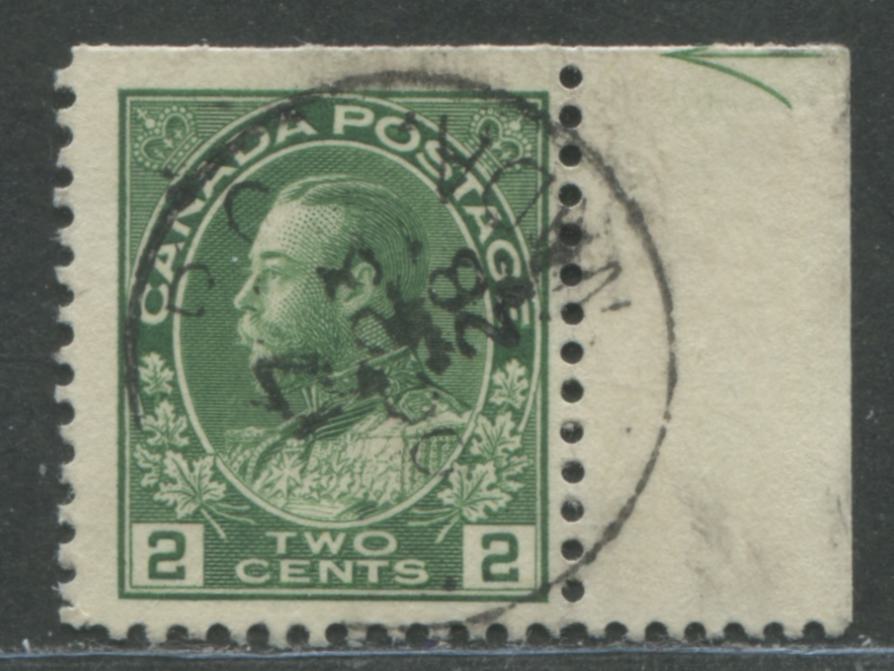 Lot 53 Canada #107e 2c Green King George V, 1911-1928 Admiral Issue, A Fine Used Example With Cutting Guideline Arrow, From The Upper Right Corner Of The Sheet