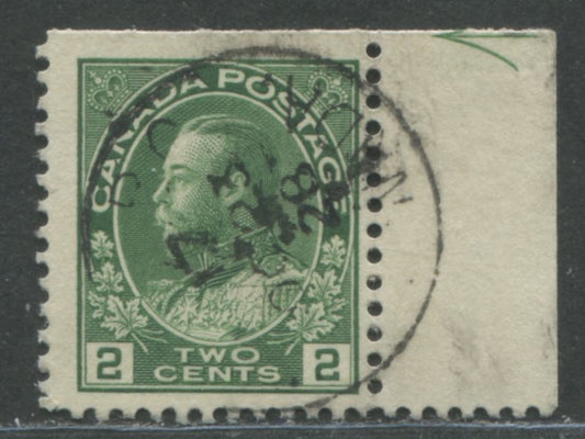 Lot 53 Canada #107e 2c Green King George V, 1911-1928 Admiral Issue, A Fine Used Example With Cutting Guideline Arrow, From The Upper Right Corner Of The Sheet