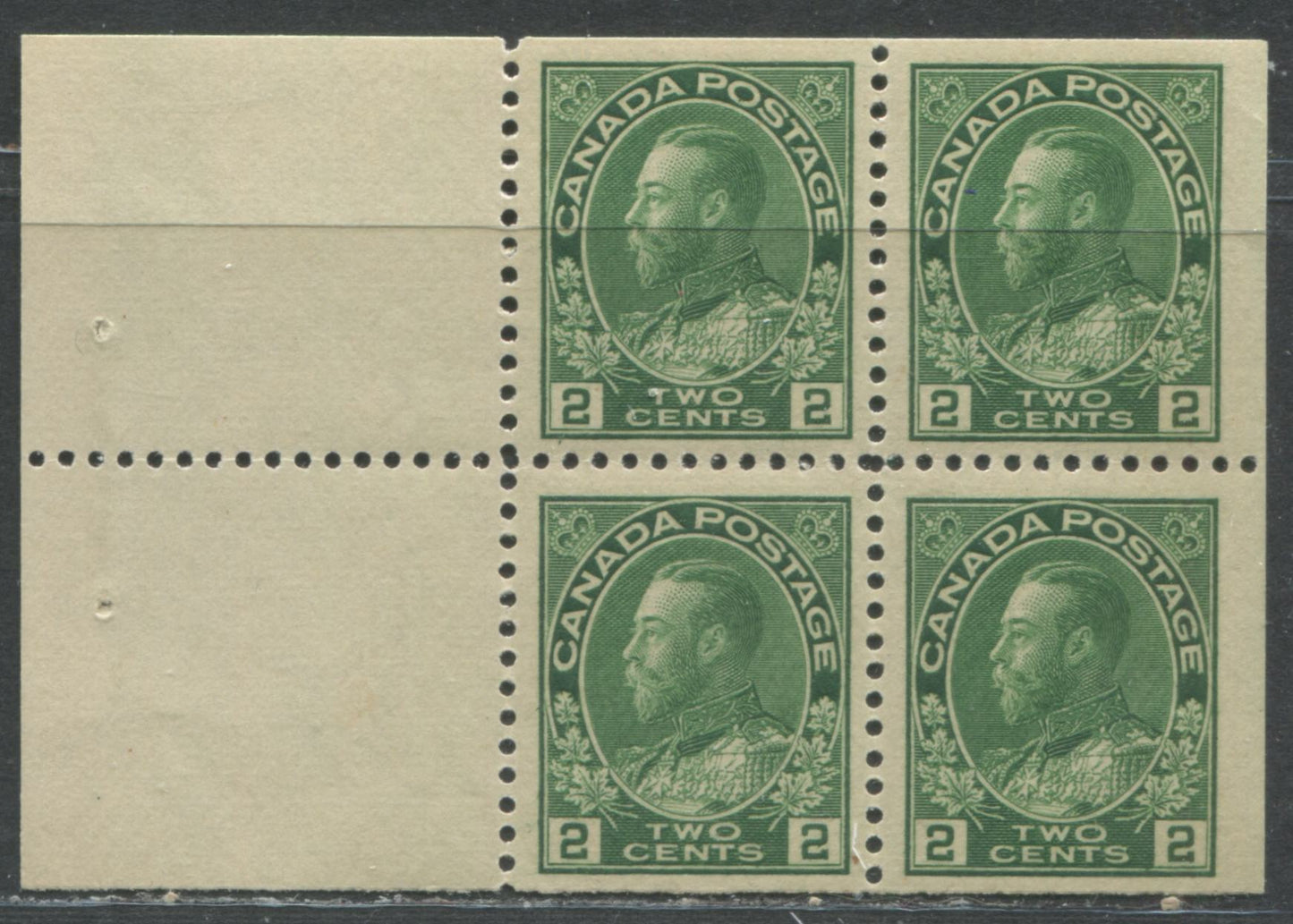 Lot 58 Canada #107b 2c Green King George V, 1911-1928 Admiral Issue, A VFNH Booklet Pane Of Four Plus Two Labels, Wet Printing