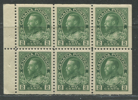 Lot 59 Canada #107c 2c Deep Green King George V, 1911-1928 Admiral Issue, A VFOG Booklet Pane Of Six, Wet Printing