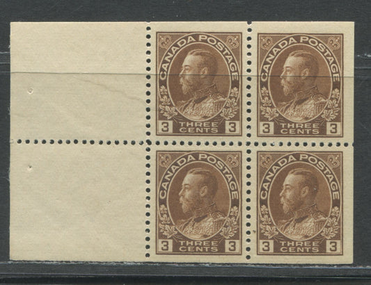 Lot 68 Canada #108a 3c Brown King George V, 1911-1928 Admiral Issue, A VFNH Booklet Pane Of Four Plus Two Labels, Wet Printing
