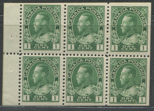 Lot 9 Canada #104a 1c Green King George V, 1911-1928 Admiral Issue A VFNH Booklet Pane Of Six, On Vertical Wove Paper, Design Size 17.75mm x 21.5mm